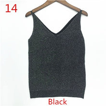 Sexy Knitted Tank Tops Women Gold Thread Top Vest Sequined V Neck Long Tank Tops Blusa Solid Silver Camis Beige Fitness Sweater