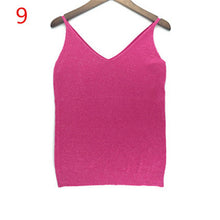 Sexy Knitted Tank Tops Women Gold Thread Top Vest Sequined V Neck Long Tank Tops Blusa Solid Silver Camis Beige Fitness Sweater