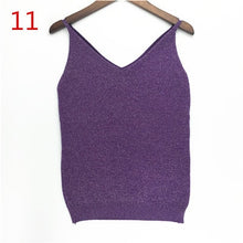 Sexy Knitted Tank Tops Women Gold Thread Top Vest Sequined V Neck Long Tank Tops Blusa Solid Silver Camis Beige Fitness Sweater