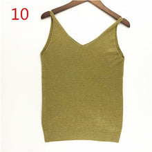 Sexy Knitted Tank Tops Women Gold Thread Top Vest Sequined V Neck Long Tank Tops Blusa Solid Silver Camis Beige Fitness Sweater