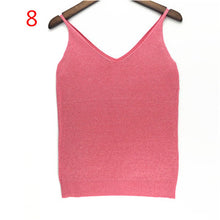 Sexy Knitted Tank Tops Women Gold Thread Top Vest Sequined V Neck Long Tank Tops Blusa Solid Silver Camis Beige Fitness Sweater