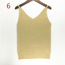 Sexy Knitted Tank Tops Women Gold Thread Top Vest Sequined V Neck Long Tank Tops Blusa Solid Silver Camis Beige Fitness Sweater