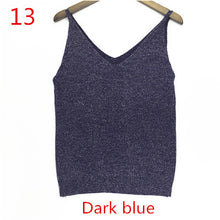 Sexy Knitted Tank Tops Women Gold Thread Top Vest Sequined V Neck Long Tank Tops Blusa Solid Silver Camis Beige Fitness Sweater