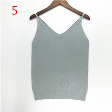 Sexy Knitted Tank Tops Women Gold Thread Top Vest Sequined V Neck Long Tank Tops Blusa Solid Silver Camis Beige Fitness Sweater