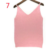 Sexy Knitted Tank Tops Women Gold Thread Top Vest Sequined V Neck Long Tank Tops Blusa Solid Silver Camis Beige Fitness Sweater
