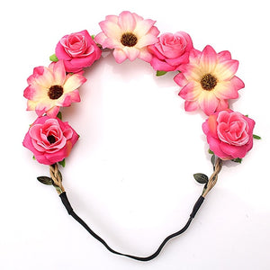 M MISM Sale Fashion Women Bride Flowers Headband Bohemian Style Rose Flower Crown Hairband Ladies Elastic Beach Hair Accessories