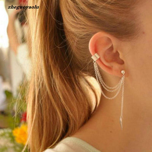 Rock Style Woman Young Gift Leaf Chain Tassel Earrings, Metallic Gold And Silver Jewelry Earrings Ear Clip Wholesale