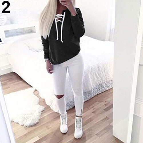 Women Fashion  Casual Sweatshirt  Solid Color Top Full Length Long Sleeve Hoodie