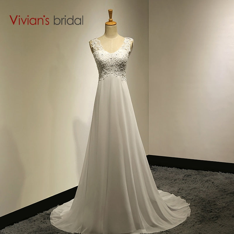 Vivians Bridal Summer Sexy Lace Applique Chiffon Women Beach Wedding Dress Boho Cheap Robe 2018 Brush Train Zipper Bridal Dress