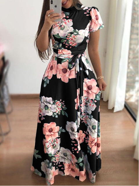 AVODOVAMA M 2018 Summer Dresses Floral Print Casual Loose Maxi Dress Women Short Sleeve Tie Waist Long Robe Femme