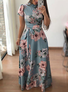 AVODOVAMA M 2018 Summer Dresses Floral Print Casual Loose Maxi Dress Women Short Sleeve Tie Waist Long Robe Femme