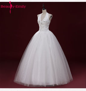 Beauty Emily Real Photo Korean Cheap Long Wedding Dresses 2018 Women Halter Floor Length Long Lace Wedding Party  Bridal Dresses